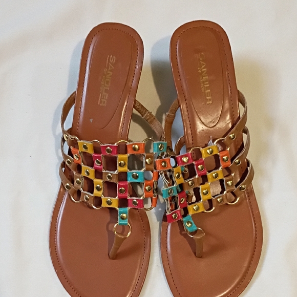 Sandler Shoes - Sandler Multicolor Studded Woven Leather Thong Sandals - Brown Footbed